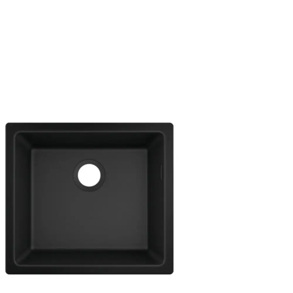 Schwarze Unterbauspüle von Hansgrohe mit quadratischer Form und mittigem Ablaufloch, geeignet für moderne Küchenanwendungen.